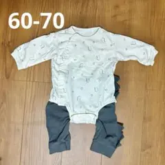 【60-70サイズ】前開きロンパース+ズボンセット 恐竜 グリーン