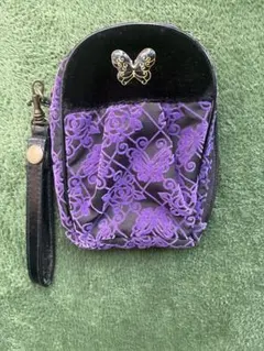 ANNA SUI 蝶と薔薇柄 ポーチ ストラップ付き