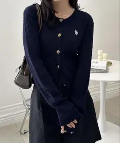 U.S. POLO ASSN.ゴールドボタン刺繍ケーブルニットカーディガン