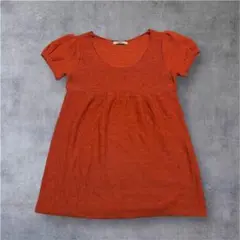 半袖ニットチュニック パフスリーブ 丸首 レディース レッド 赤 L