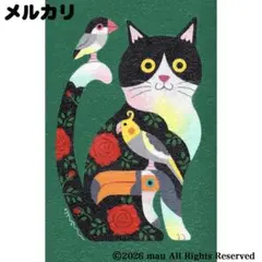 原画「猫と小鳥ブレーメン〜ハチワレ猫 緑色」猫/手描き イラスト/アート/絵画