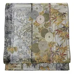 V1389 ●高級 正絹 短冊秋草蒔絵文 細緻織 三重綾織 六通 袋帯