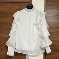 フリルブラウスオフホワイトオーガンジーハイネックリボン白エクラ花組上品イング