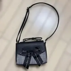 リボン付きショルダーバッグ ブラック チェック柄