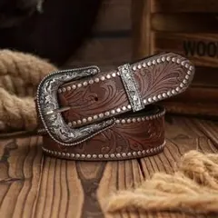 メンズ ウエスタンベルト スタッズ ベルト ダークブラウン アメカジ 新品 茶