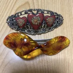 ヴィンテージ風ハート型　べっ甲風花模様　バレッタセット