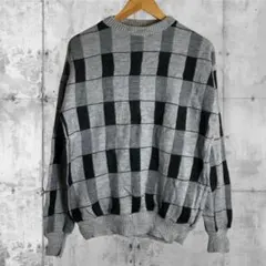 90s vintage チェック柄ニット グレー モノトーン ゆるだぼ
