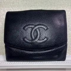 正規品 CHANEL 二つ折り財布 ココマーク キャビアスキン レザー Wホック