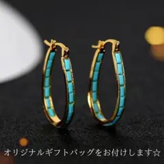 【新品】トルコ石 ターコイズ フープピアス ハワイアン ゴールド R016
