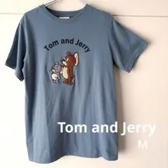 トムとジェリー サガラ刺繍 Tシャツ Mサイズ くすみブルー タフィー キャラT
