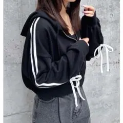 INGNI 袖リボン ショートスウェット ZIPパーカー 黒