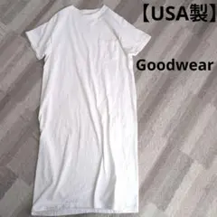 【USA製】Goodwear■Ｔシャツ ロングワンピース 胸ポケ 白 Мのサムネイル