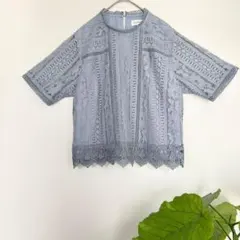 anatelier　アナトリエ　総レース 半袖シャツ　 上品　ライトブルー　M