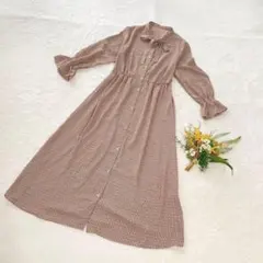 【ジーユー】GU レトロプリントボウタイワンピース(7分袖) ブラウン M ●