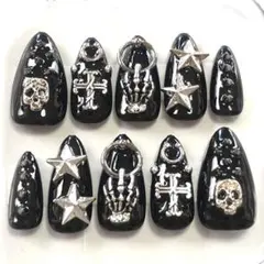 ブラック ネイルチップ スカル トゲトゲ 星 十字架 地雷系 ロック系 パンク系