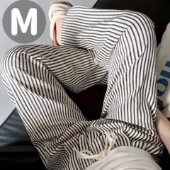 薄手 ワイドパンツ 涼しい 体型カバー ストライプ M レディース 楽ちん 韓国