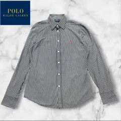 【現行 QR】ポロラルフローレン　ニットドレスシャツ ストライプ　L ロゴ