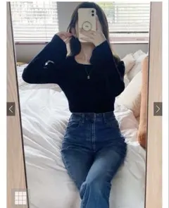 スクエアネックフレアスリーブリブニットトップス　グレイル