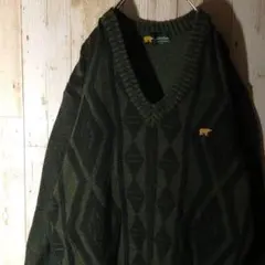 超希少　刺繍 デザインニット　緑　総柄　セーター　ゆるだぼ　ビンテージ　古着