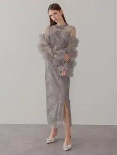 フリルチュールスリーブリボンIラインワンピースドレス結婚式パーティー二次会成人式