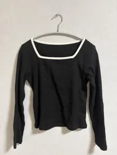 黒 リブ編み スクエアネック 長袖トップス gu shein