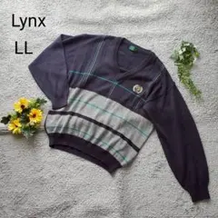 リンクス ゴルフ Vネック ニット セーター LL 濃紺 チェック柄 レトロ