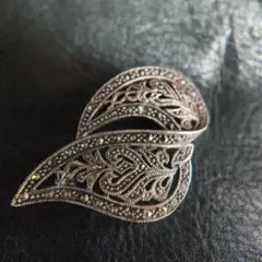 シルバー925 葉型ブローチ ヴィンテージ風 マーカサイト 9.3g