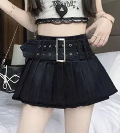 ベルト付き デニムプリーツスカート ミニ丈 インナーパンツ付き 黒 Mサイズ
