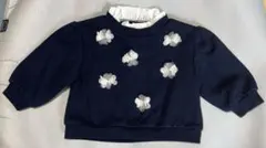 petit main ネイビー 花刺繍 フリル襟 トレーナー