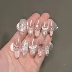 装飾付きピンクアートネイルチップ10個セット