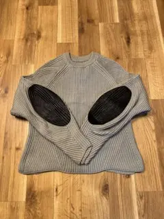 グレー リブ編み ニットセーター 長袖 肘パッチ付き