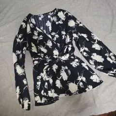 SHEIN 花柄ウエストリボン長袖ブラウス XL
