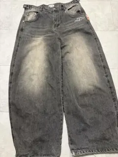 ブラック ワイドパンツ　バギーパンツ　チャコール　9090