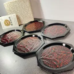 美品】籃胎漆器 八角皿5枚 熊谷工房 八女特産 漆器 トレー