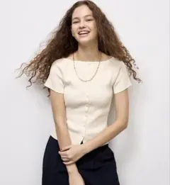 GU リブボートネックカーディガン 半袖 NATURAL XS