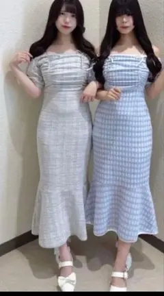 evelyn ドロストリボンオフショルワンピース マーメイド ブルーグレー