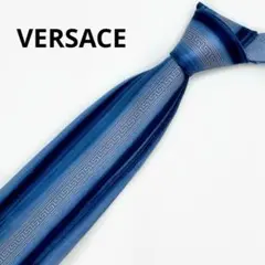 極美品 ヴェルサーチ ネクタイ グレカ柄 メデューサ ストライプ シルク 青