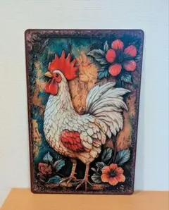ブリキ看板　アート　鶏　ニワトリ　フラワー　北欧風　カントリー調　カフェ風　♡