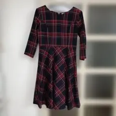 ONWARDネイビー・レッド チェック柄 七分袖ワンピース　美品✨