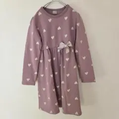 プティマイン ハート柄ワンピース 130 ラベンダー リボン 美品