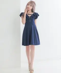 キャバドレス ミニ フレア 半袖 オフショルダー フリル袖 バストフロントジップ