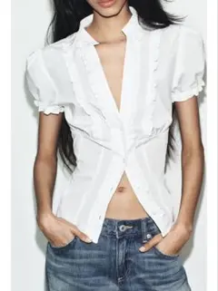 ZARA フリル ポプリンシャツ ホワイト