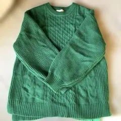 グリーン　レディース　長袖　ニット　セーター　ケーブル編み　緑　L