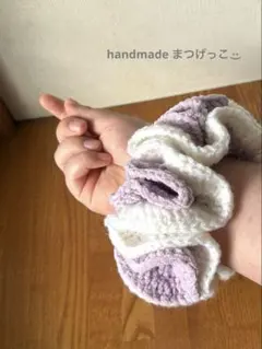 パープル ×ホワイト ·シュシュ ハンドメイド‪ 編み物 かぎ編み手編み 96