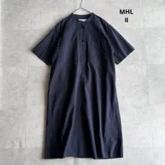 近年✨MHL コットン リネン バンドカラー シャツワンピース ネイビー Ⅱ