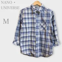 ナノユニバース　チェックカジュアルシャツ　ブルー　M 7分袖