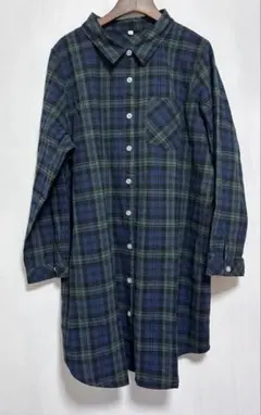 チェック柄 長袖シャツワンピース★グリーン系　サイズM 4L 大きいサイズ