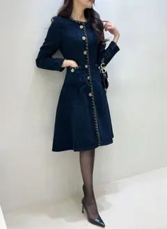 DHOLIC ミナグラム 配色フロントボタンツイードフレアワンピース