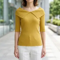 イエロー リブニット オフショルダー 半袖のサムネイル