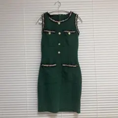 ツイード風 ワンピース グリーン パールボタン ノースリーブ 韓国風
